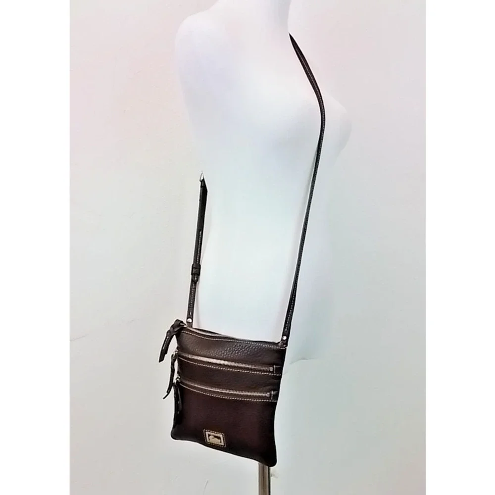 Dooney & Bourke Crossbody Leather Bag Brown + Gold Triple Zip Vintage #J3584